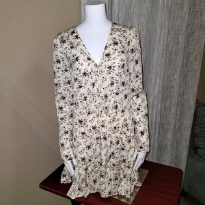 NWT Veronica Beard silk dress neutrals floral print pleated accents long-sleeved